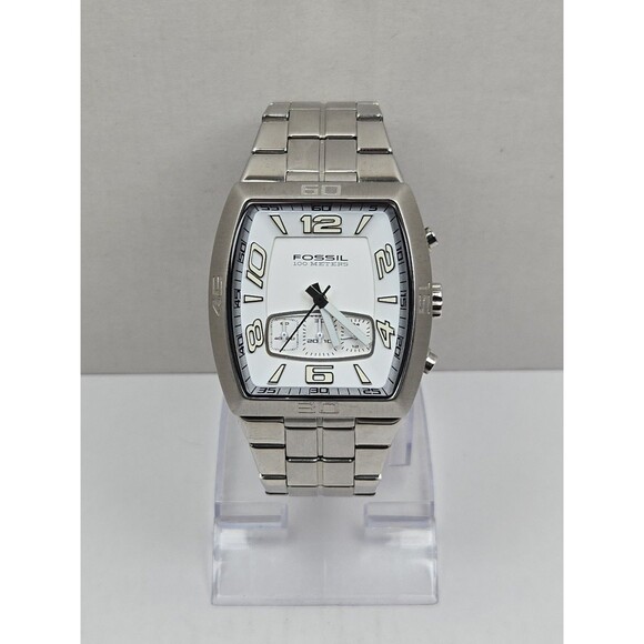 Fossil Other - Mens Fossil 41mm Chrono Silver Watch Stainless Steel White Dial 100M New Battery